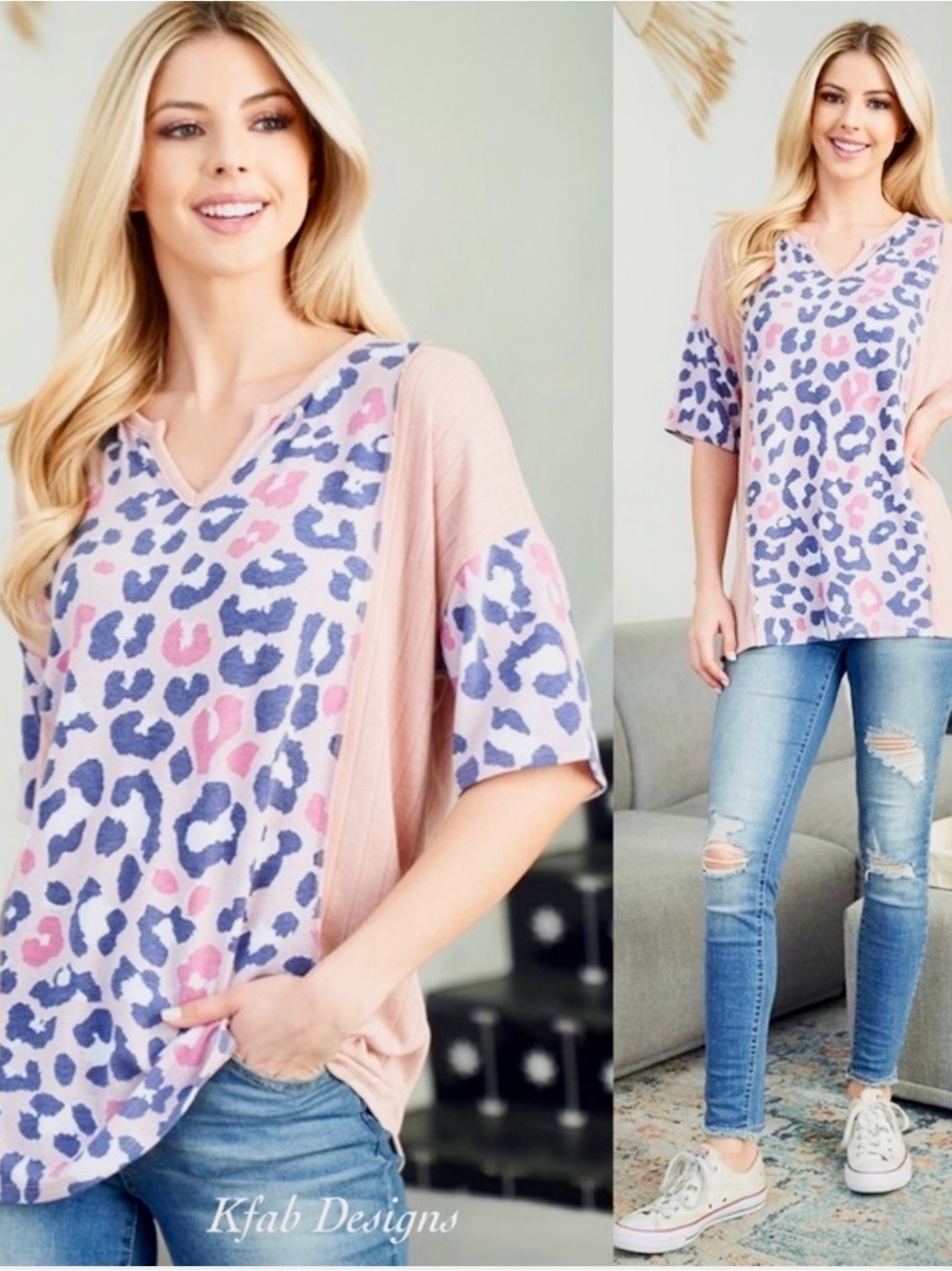 PERFECT PEACH Pink Purple Leopard Print V-Neck Short Sleeve Soft Ribbed Top!